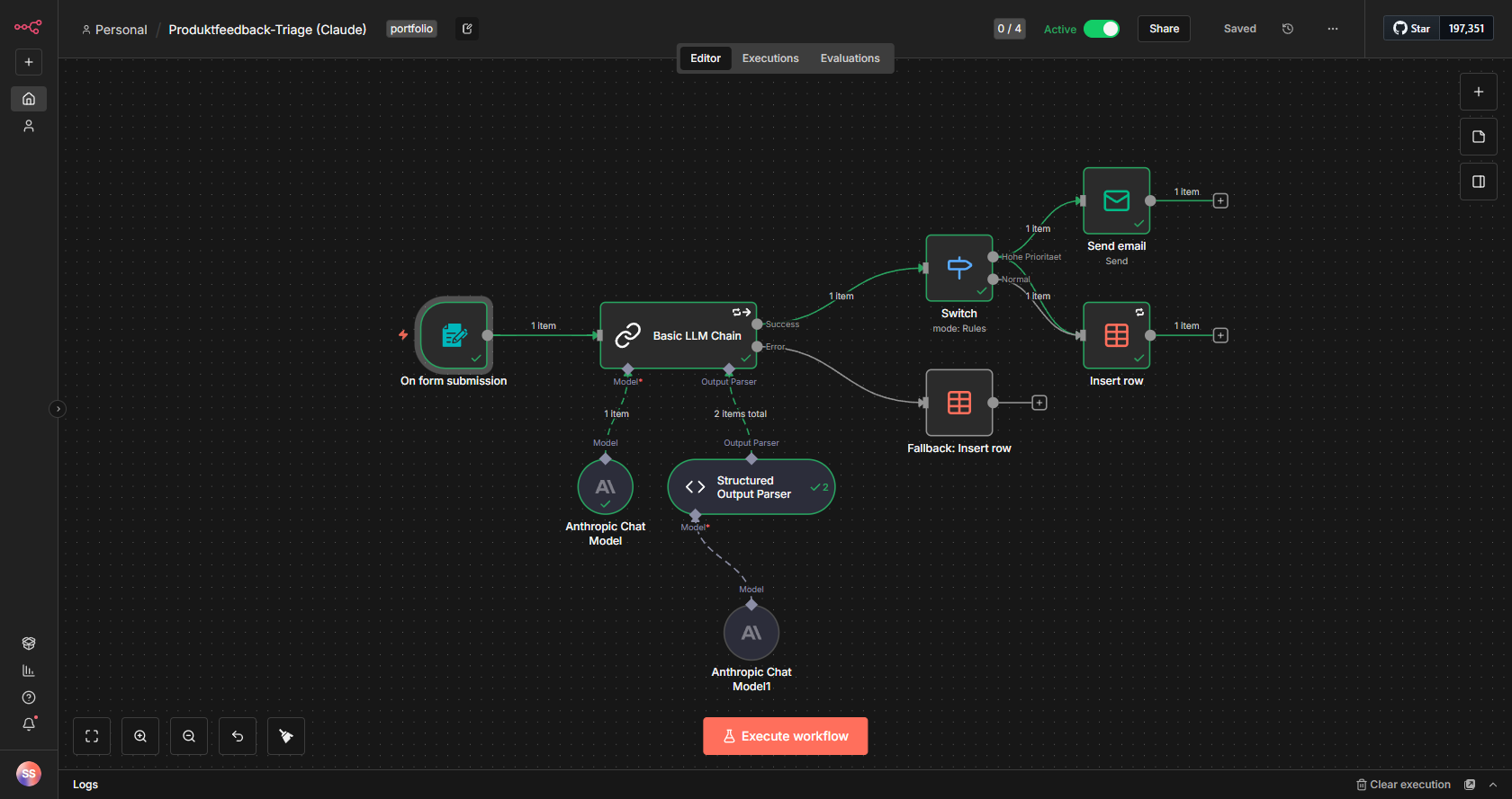 The complete n8n workflow running and active